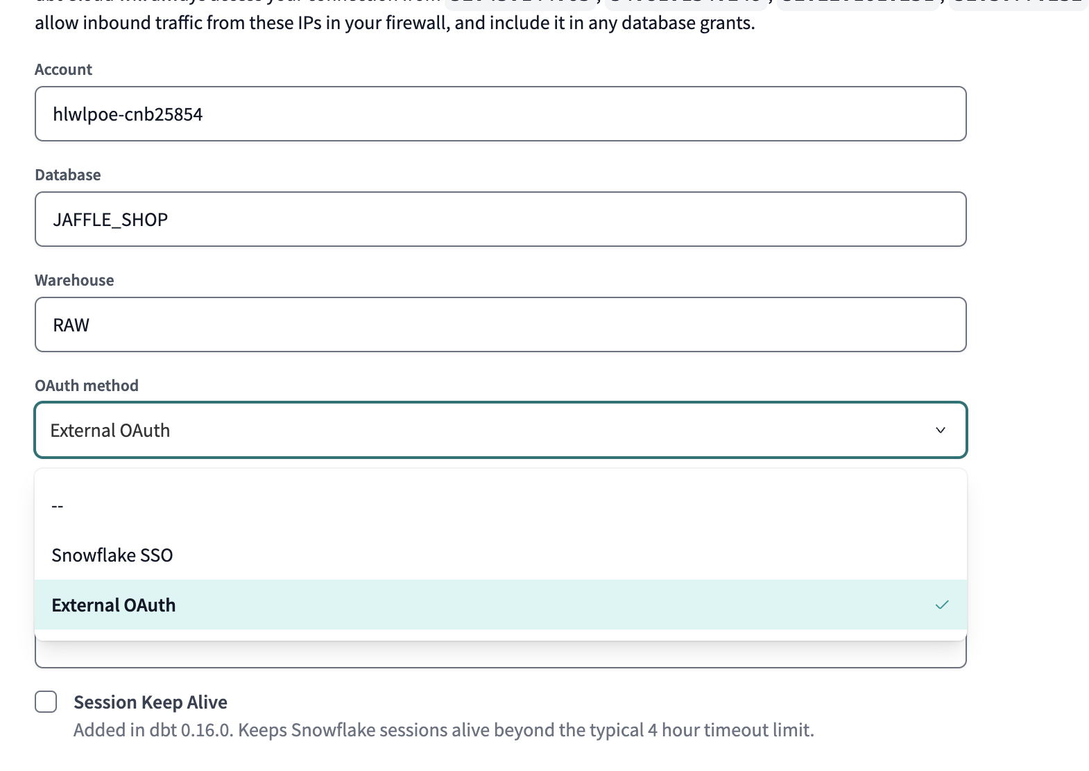 The new configuration window in dbt Cloud with the External OAuth showing as an option